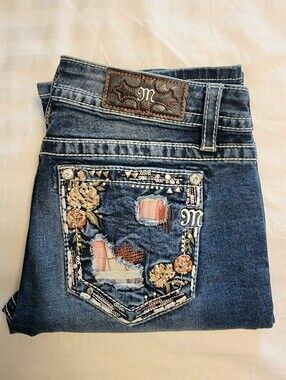 Miss Me Floral & Plaid W/Stone Embellishments Medium Wash Boot Cut Jeans, Sz 30